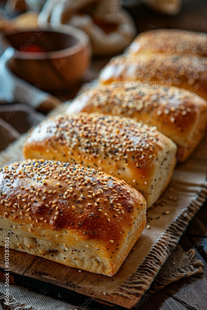 Loaf of bread with sesame seeds on a wooden table Loaf of bread with sesame seeds on a wooden table