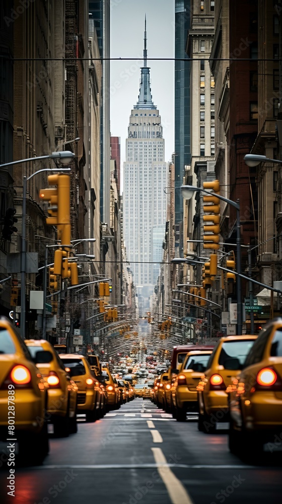 Naklejka premium Traffic jam on a busy street in New York City with the Empire State Building in the background