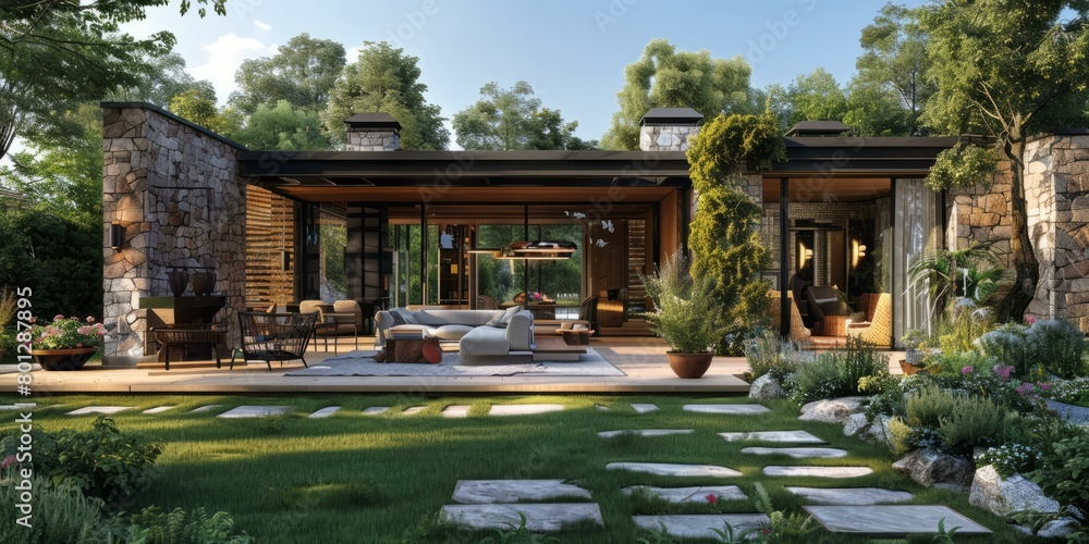 Modern House Exterior Design with Natural Stone and Wood Modern House Exterior Design with Natural Stone and Wood