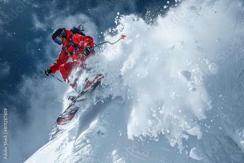 Male snowboarder jumping off a snowy mountain photo