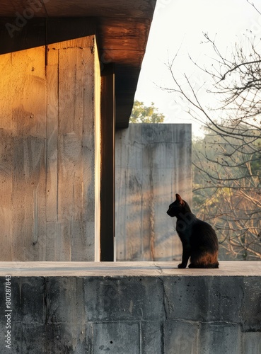 A black cat sits on a ledge in front of a concrete building © duyina1990