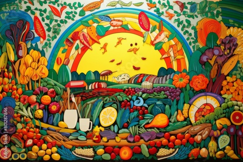 A colorful illustration of a garden with a rainbow  flowers  fruits  and vegetables