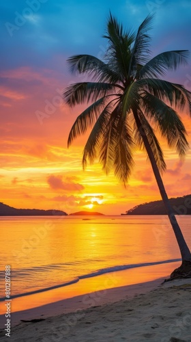 Palm tree on a tropical beach with a beautiful sunset over the ocean