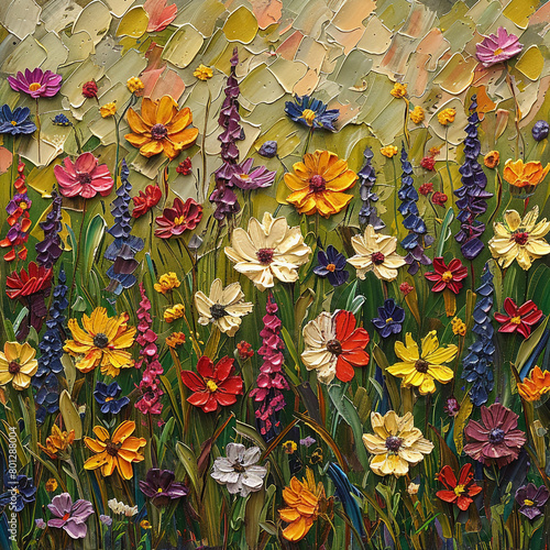 Lush meadow of mixed wildflowers painted with a heavy impasto technique in oils