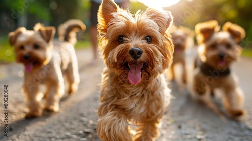 Craft an image depicting pets offering cheerful greetings to passersby on a morning walk