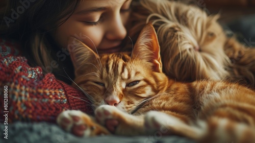 Craft an image depicting pets offering comforting greetings to their owner after a long day photo
