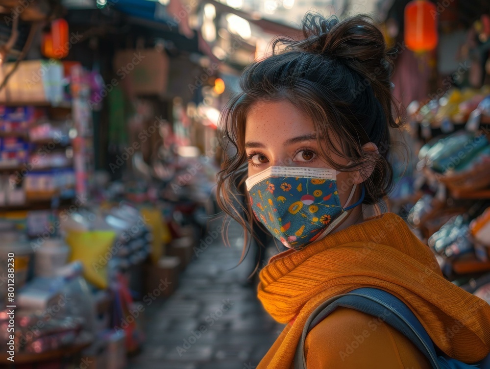 Portrait of a young woman wearing a mask in a busy Asian market