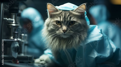 Cat wearing a lab coat and hair cap in a laboratory