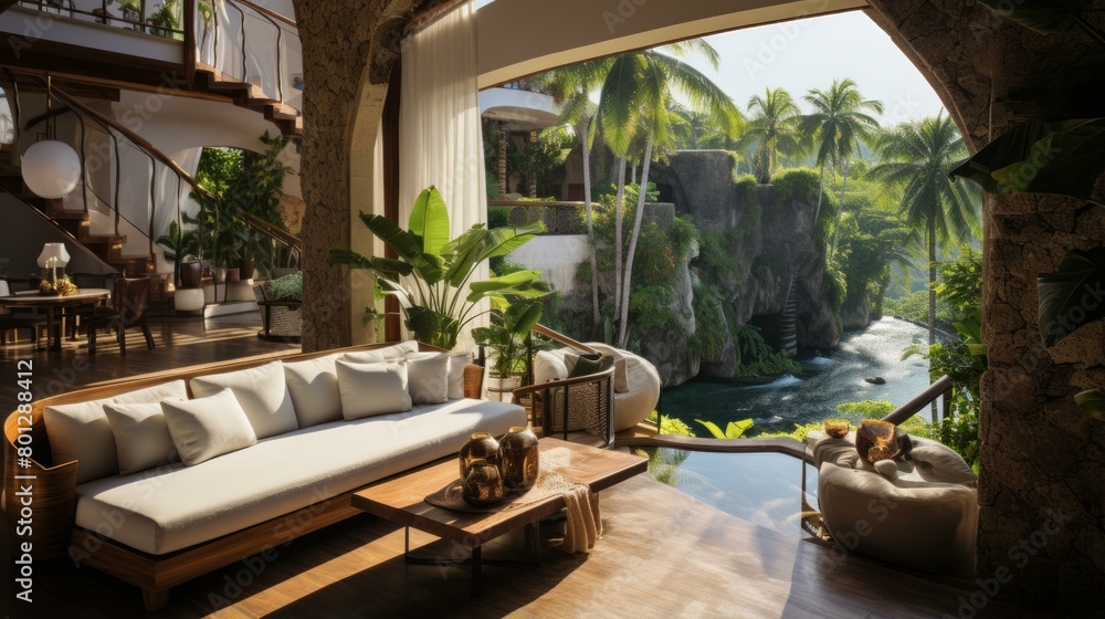 Fototapeta premium Modern tropical living room withè½åœ°çª—å’Œè½åœ°çª—