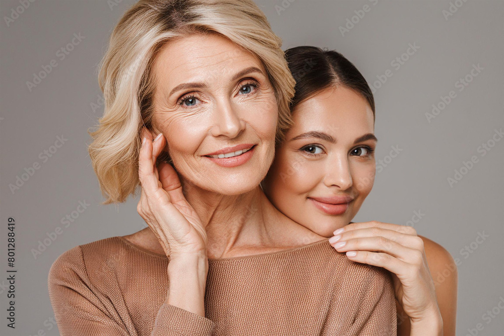 A beautiful mature woman and her daughter strike a pose in the studio, exuding grace and poise A beautiful mature woman and her daughter strike a pose in the studio, exuding grace and poise