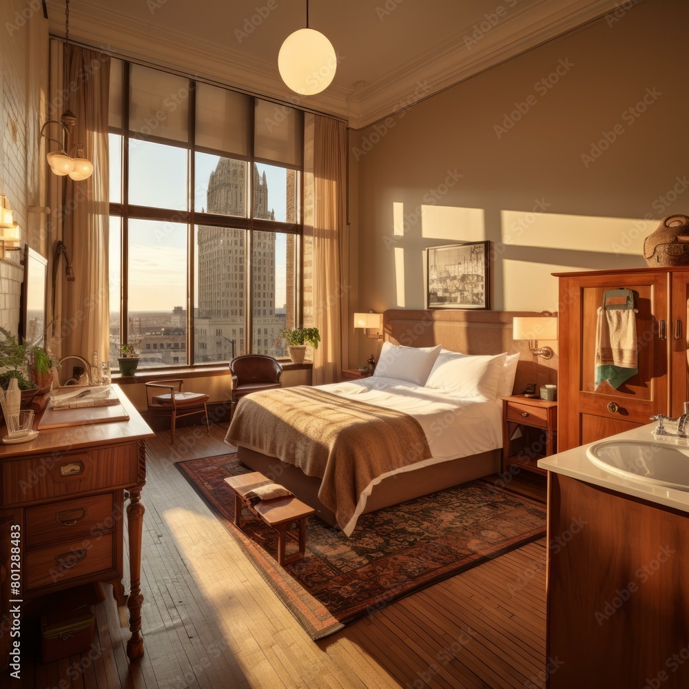 Fototapeta premium Vintage hotel room with large windows and a view of the city