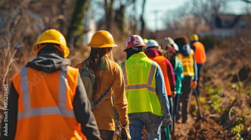 A group of volunteers participating in a community cleanup event, all wearing brightly colored safety vests and helmets, working together to improve their neighborhood while staying safe