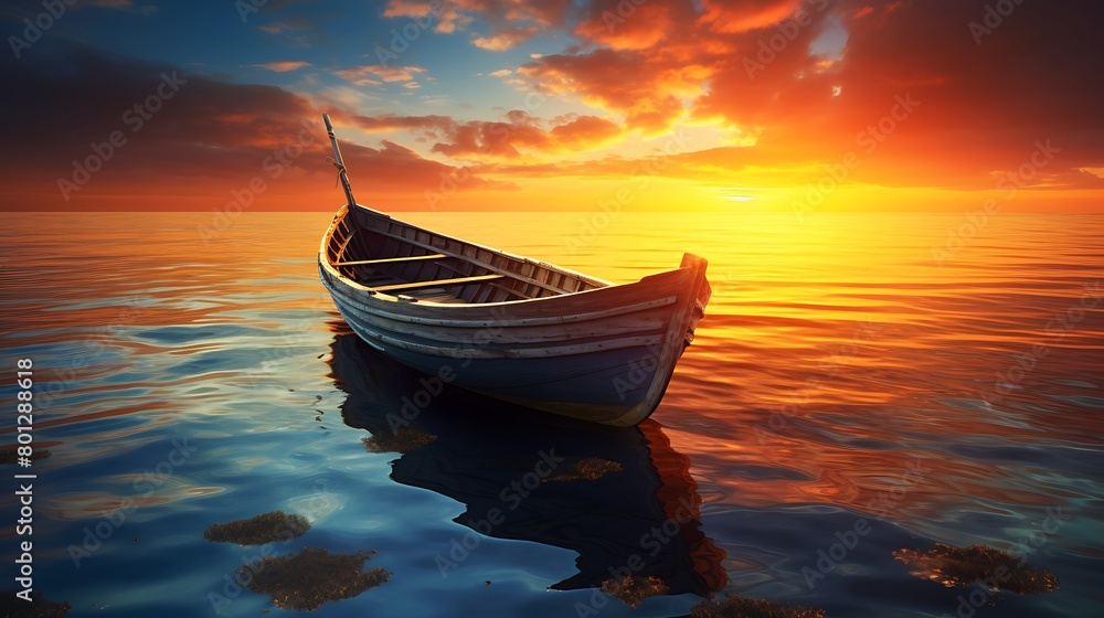 Nature's masterpiece unfolds as the sun dips below the horizon, casting a golden glow on the lone boat nestled by the tranquil sea Nature's masterpiece unfolds as the sun dips below the horizon, casting a golden glow on the lone boat nestled by the tranquil sea