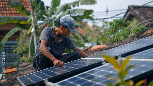 Asian worker working on solar panels, renewable energy, south east asia

 photo