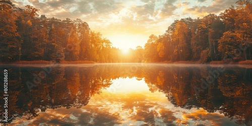Amazing colorful sunrise or sunset over calm lake with beautiful forest landscape reflecting in water