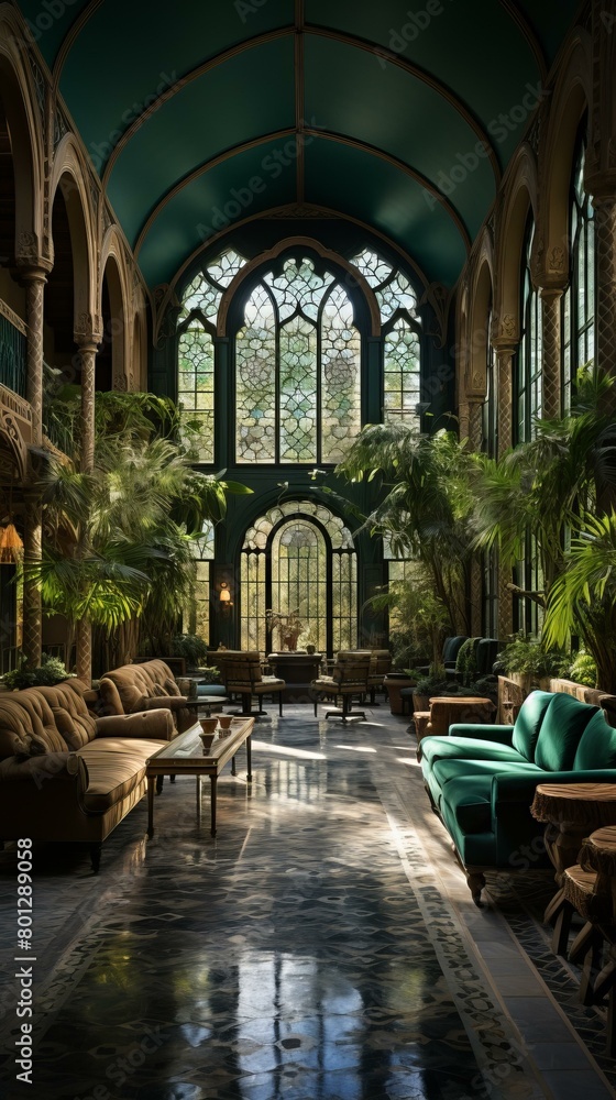 Elegant interior of a vintage mansion with green walls, plants, and large windows