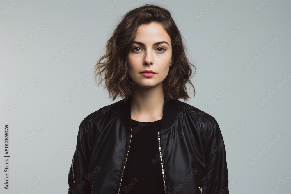 Portrait of a tender woman in her 30s wearing a trendy bomber jacket isolated on white background Portrait of a tender woman in her 30s wearing a trendy bomber jacket isolated on white background
