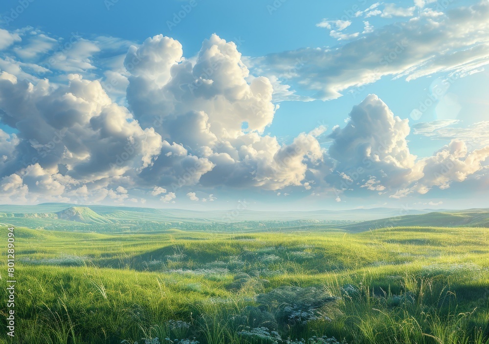 Obraz premium Landscape with green hills and blue sky