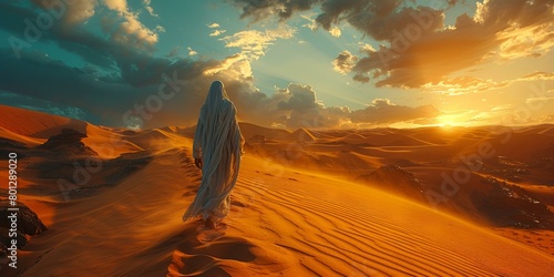 A person walking alone in a vast desert photo