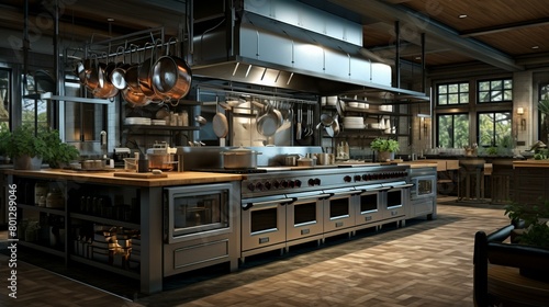 Large Commercial Kitchen With Stainless Steel Appliances photo