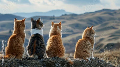 Craft an image depicting pets with their fluffy fur ruffled by the breeze as they stand atop a hill