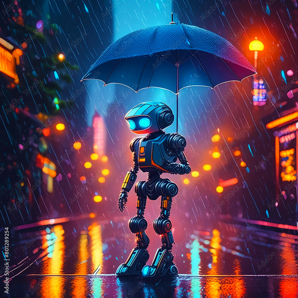 Obraz premium Robot with an umbrella on a rainy night in the city