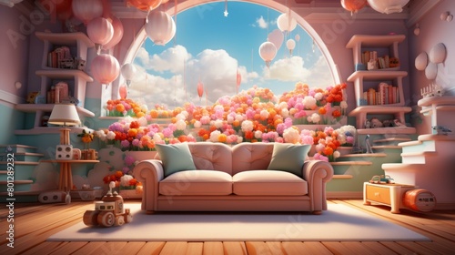 A beautiful living room with a large window and a lot of flowers