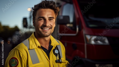 Portrait of a firefighter in protective gear smiling in front of a fire truck