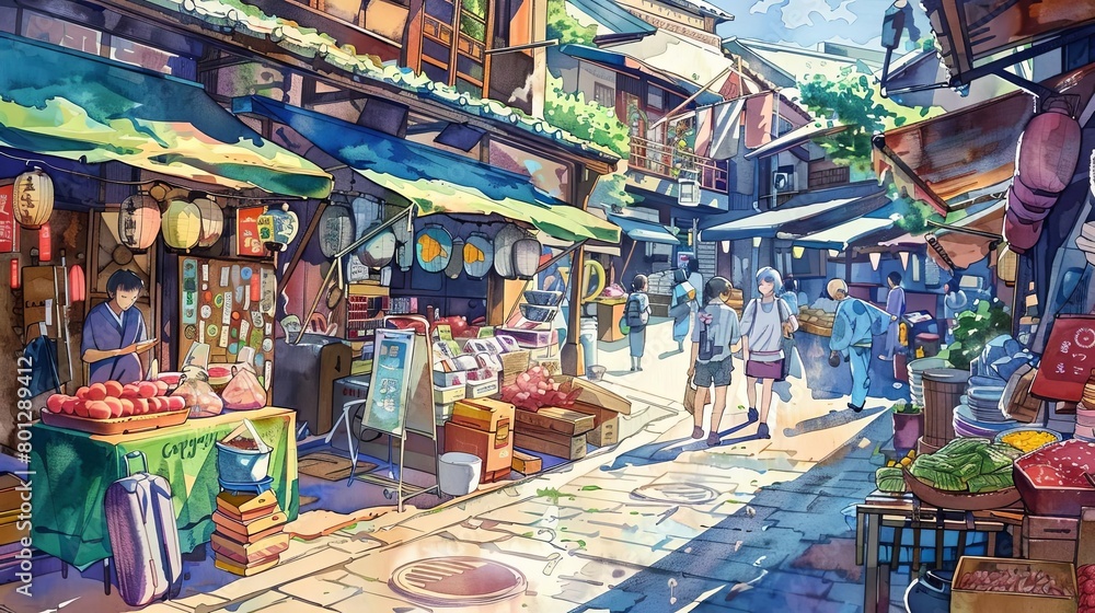 enchanted marketplace with a blue building and green awning, featuring a woman in a blue dress and enchanted marketplace with a blue building and green awning, featuring a woman in a blue dress and