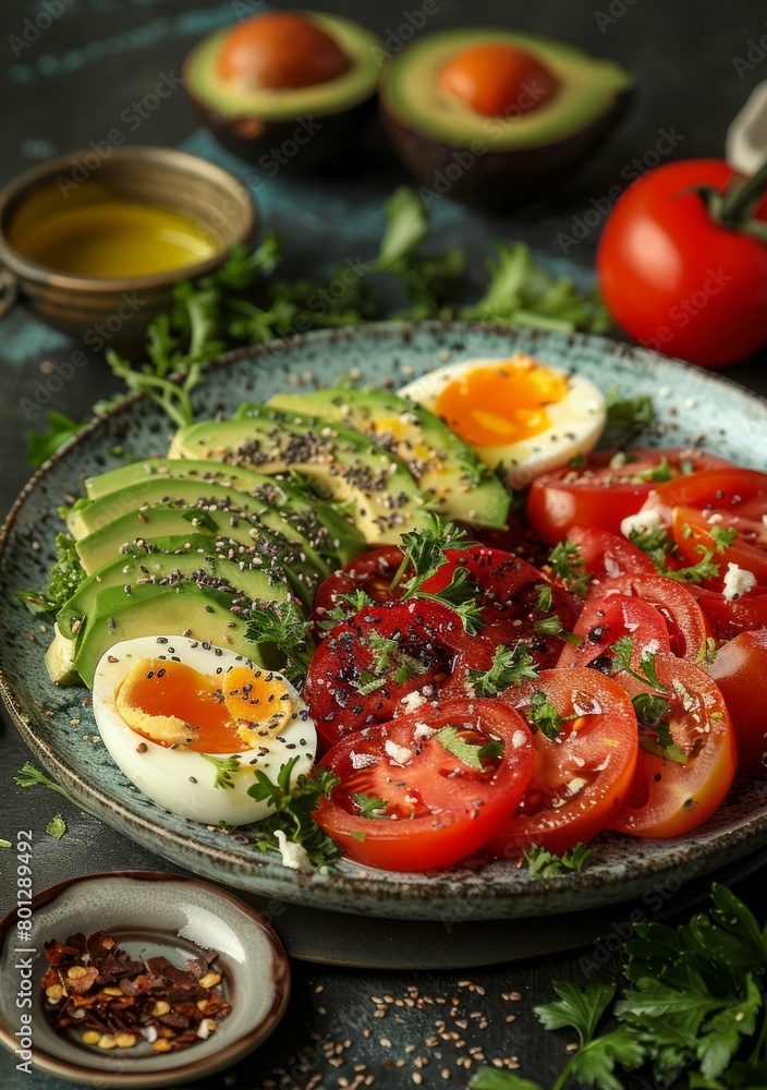 Healthy avocado and tomato salad with boiled egg and spices Healthy avocado and tomato salad with boiled egg and spices
