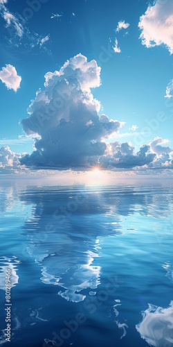 Blue sky and white clouds with reflection on the water surface © duyina1990