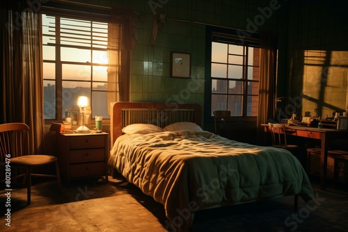 A dimly lit room with a bed, a chair, and a desk near the window