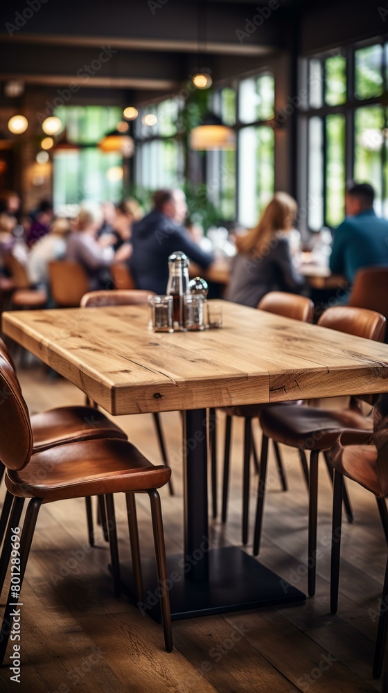 An empty table in a busy restaurant with people blurred in the background An empty table in a busy restaurant with people blurred in the background