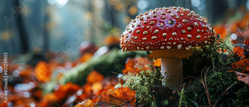 A red mushroom is sitting on a pile of leaves