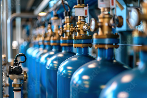 Blue oxygen tanks. Bundle of gas cylinder and high pressure gauges, meter, valve. Many argon cylinders with compressed gas for industry, welding. Fuel manufacturing. Liquefied gas production, factory