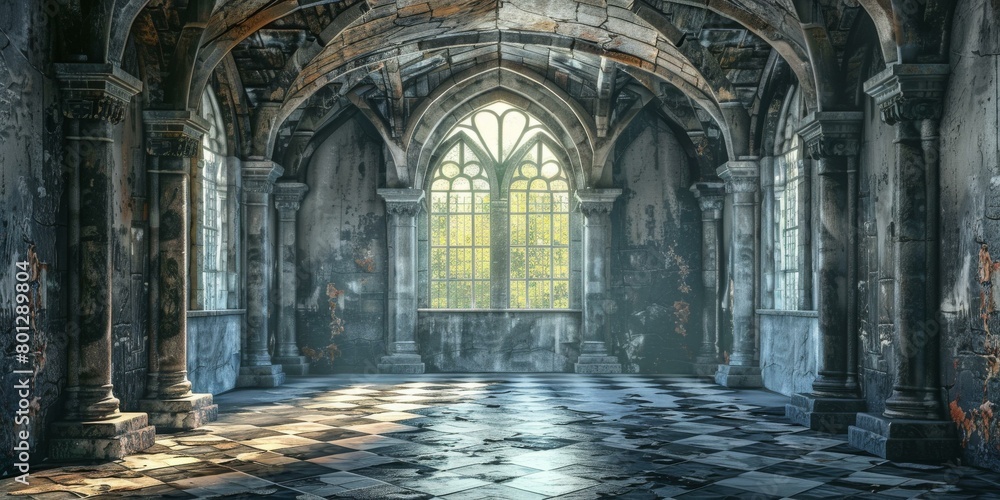 gloomy gothic abandoned ruined church interior