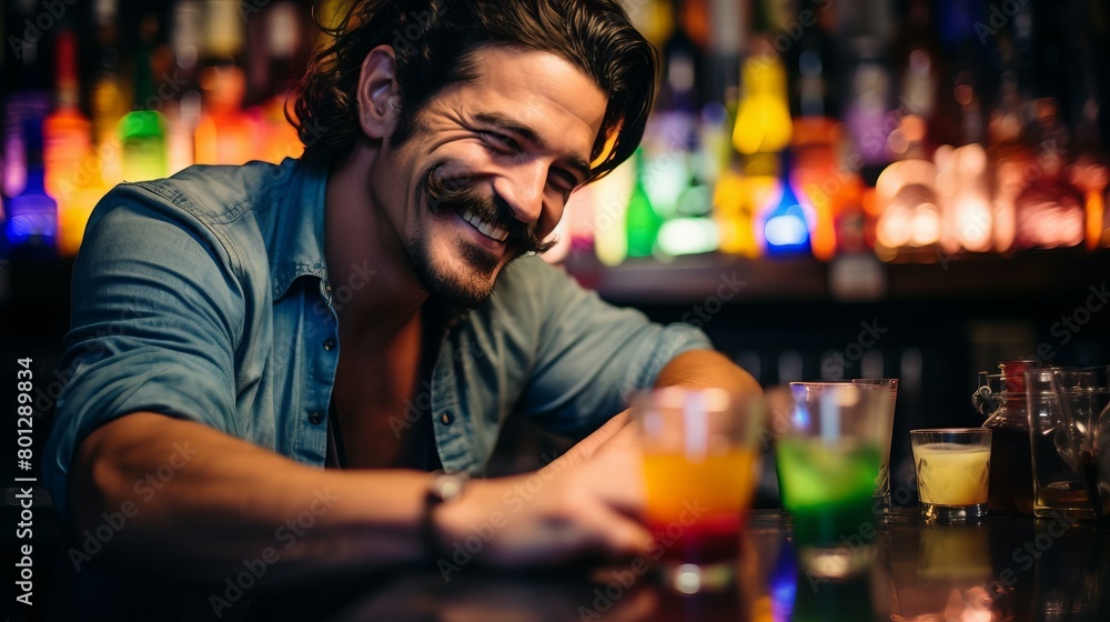 Mustachioed man leaning on bar counter with colorful drinks in front of him Mustachioed man leaning on bar counter with colorful drinks in front of him