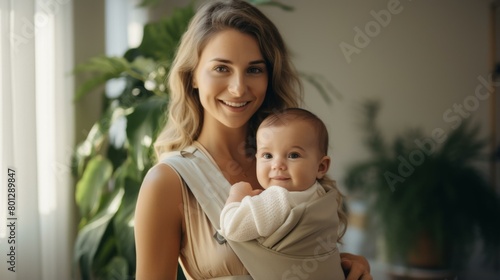 A mother is smiling while carrying her baby in a baby carrier