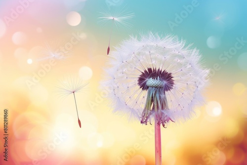 Dandelion seeds blowing in the wind with a beautiful blurred background in shades of yellow  orange  pink and blue