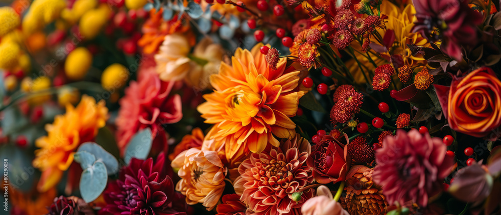 A bouquet of flowers with a mix of orange and red flowers