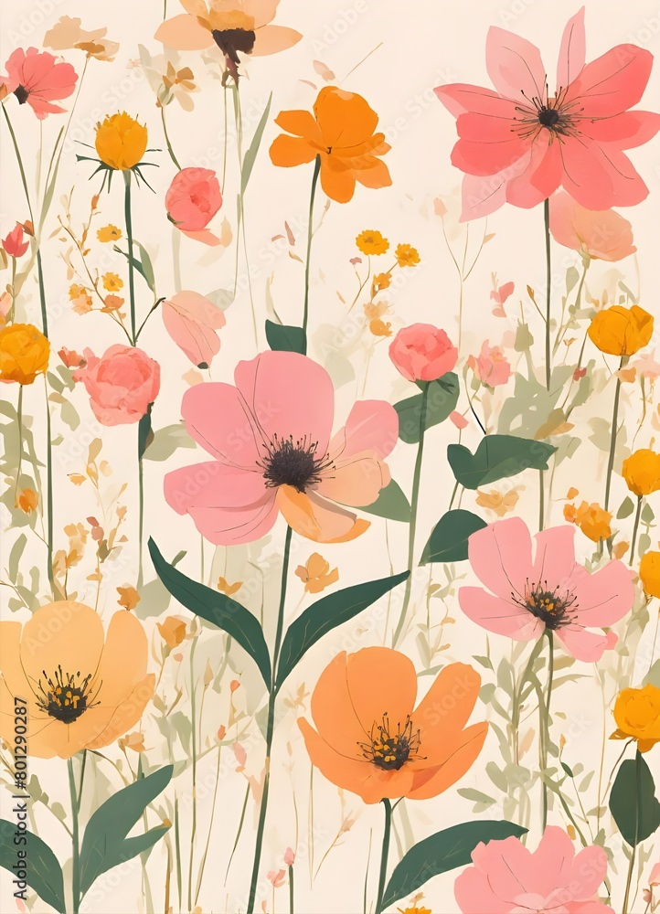 background pattern featuring flowers, plants, petals, and poppies