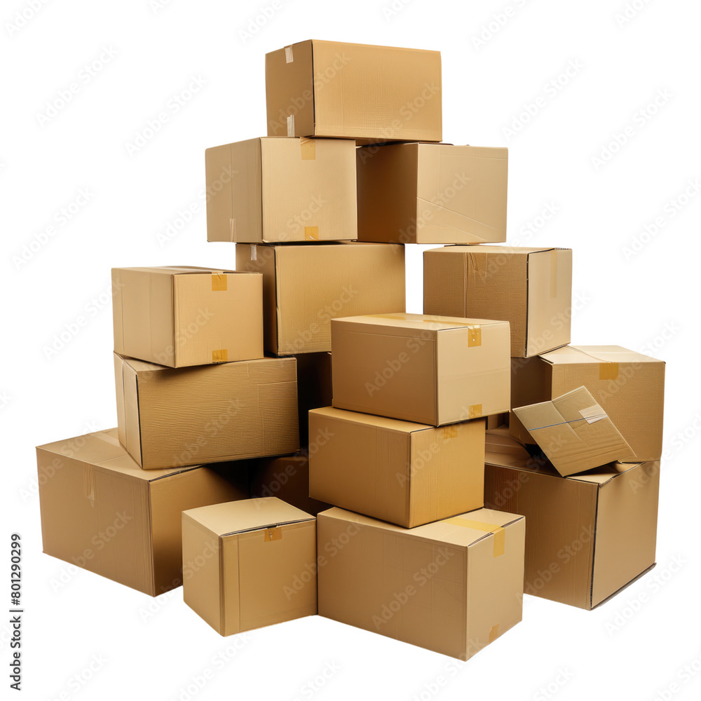 Cardboard boxes piled high isolated on transparent background Cardboard boxes piled high isolated on transparent background
