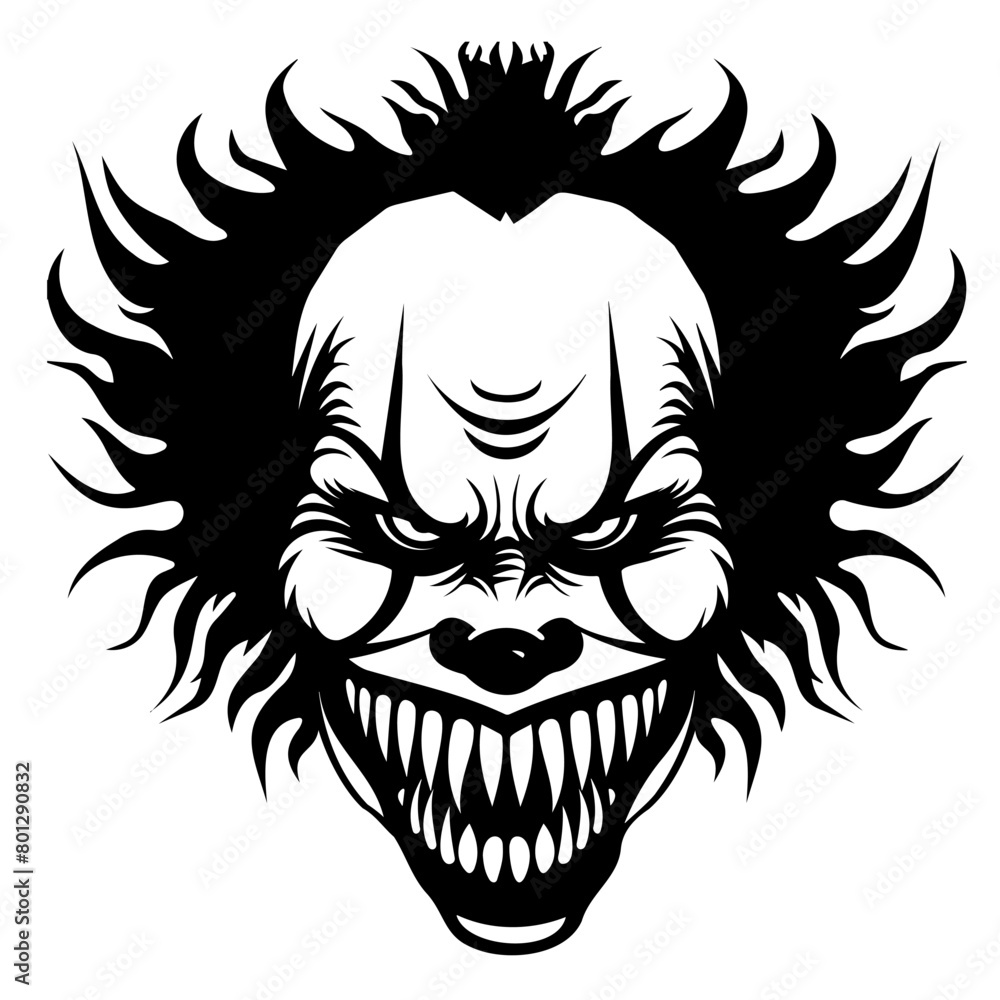 A black and white line art illustration of a clowns happy face