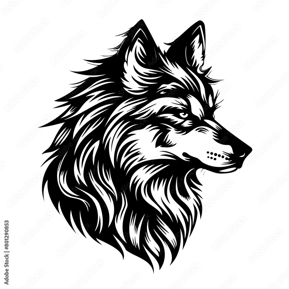 A black and white drawing of a wolfs head on a white background A black and white drawing of a wolfs head on a white background