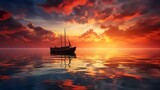 The tranquil waters mirror the fiery sky as the sun sets, enveloping the solitary boat in a warm embrace against the backdrop of the ocean horizon