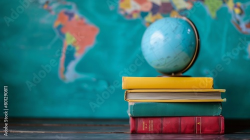 colorful books against a backdrop of a globe, symbolizing global education and cultural exchange