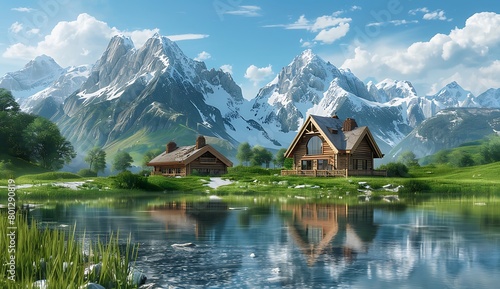 A wooden house in the mountains, with snowcapped peaks and green grass around it. In front of them is an mirrorlike lake reflecting the majestic mountain range photo