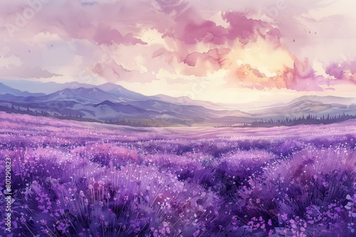 A Field of Lavender: A vast field of lavender stretching towards the horizon, watercolors, with hints of green and white for the surrounding vegetation