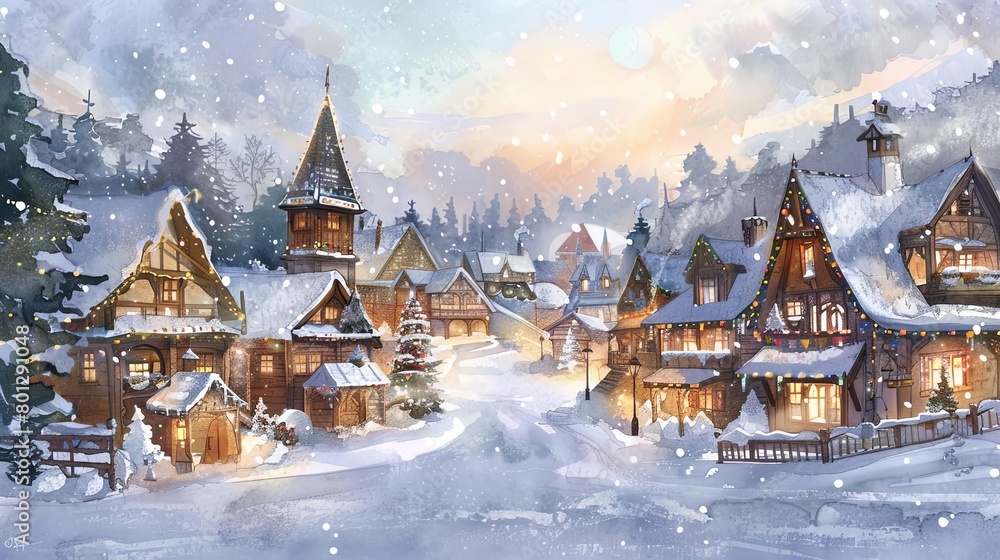 enchanted winter village surrounded by snow - covered trees, featuring a brown building and a green