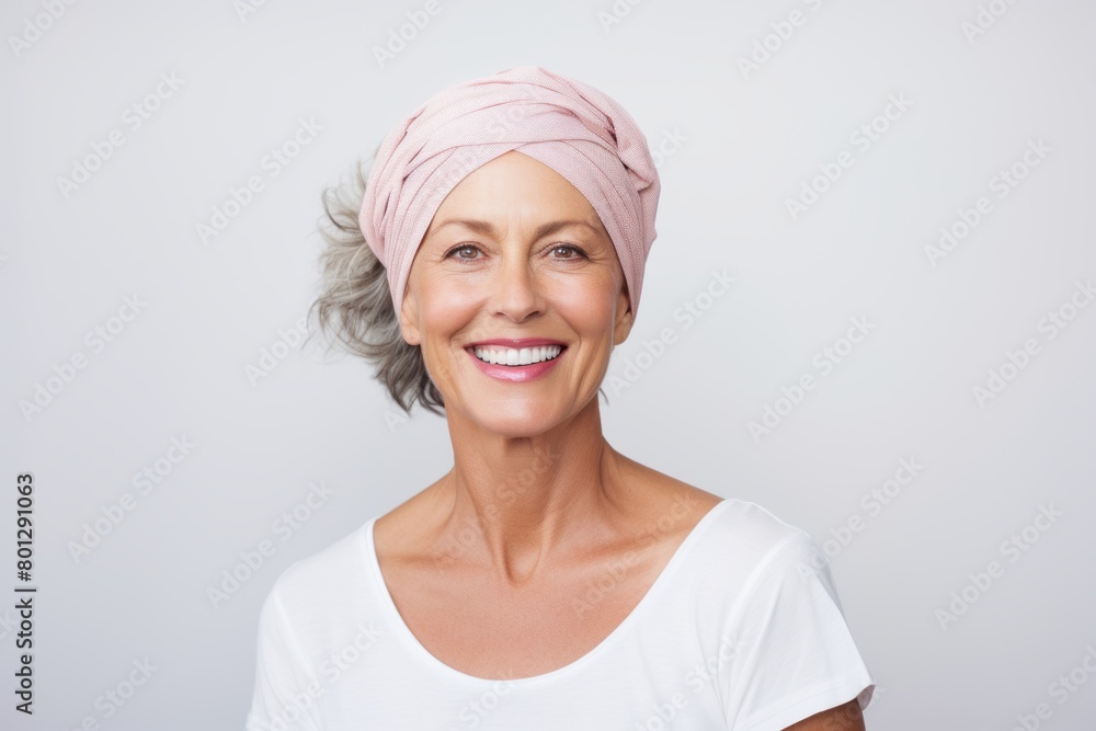 Portrait of a smiling woman in her 40s wearing a versatile buff isolated in white background Portrait of a smiling woman in her 40s wearing a versatile buff isolated in white background